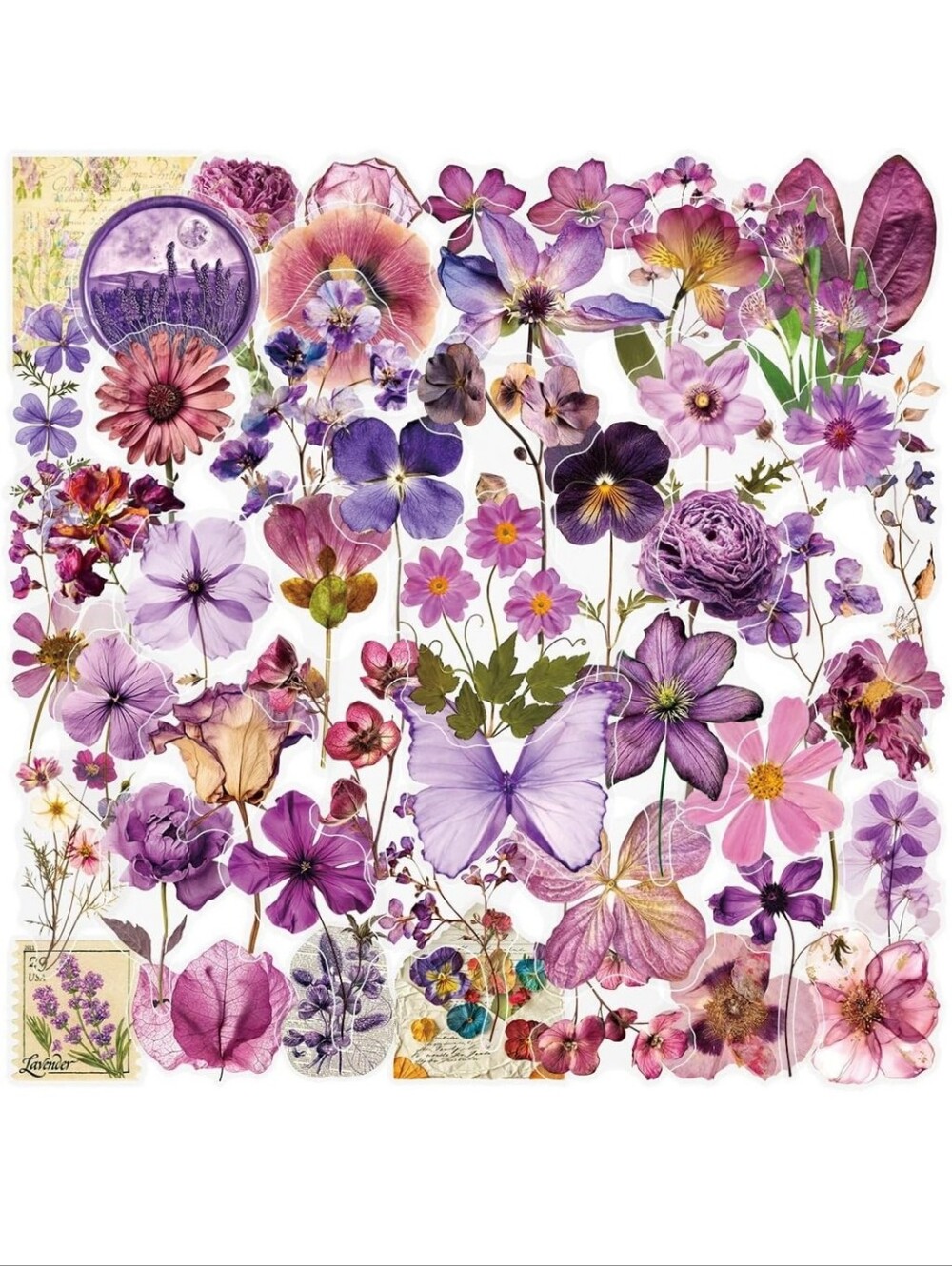 Purple Floral Sticker Sheet - Mixed Violet Blooms - Picture 1 of 3
